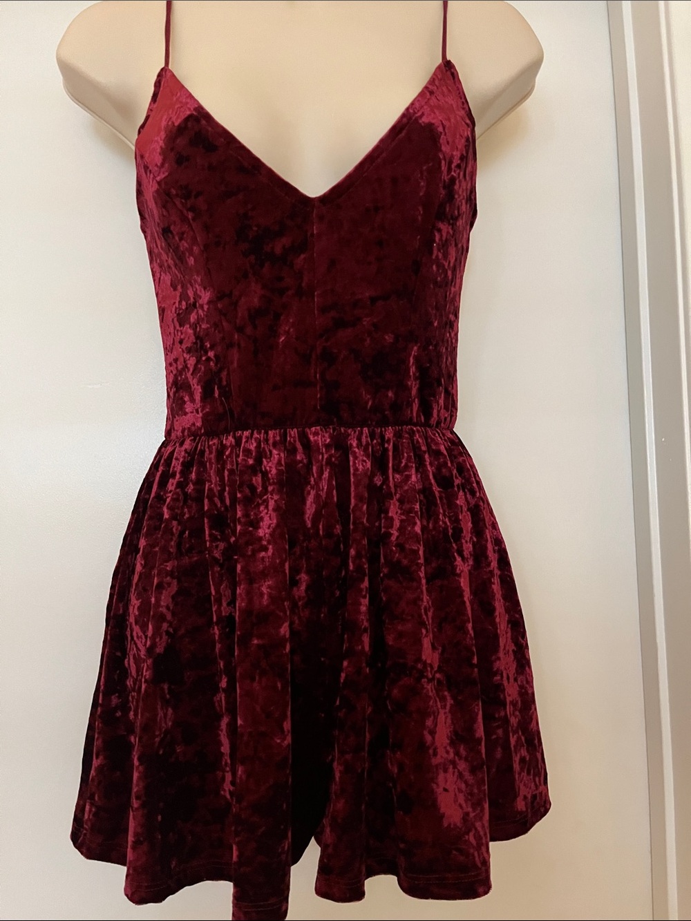 Velvet Spaghetti Strap Mini romper in Deep Burgundy